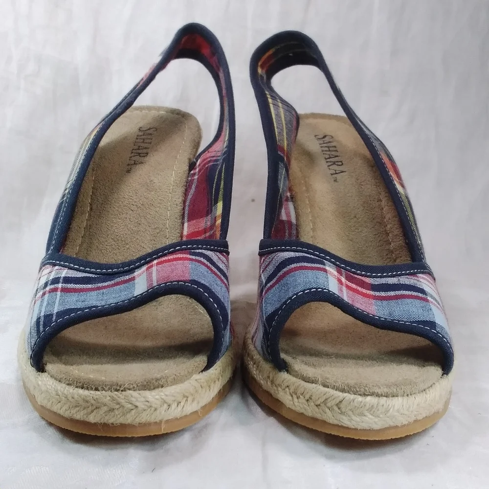 Sahara Buckley Plaid SANDALS Red White Blue Womens Size 10M Slingback Wedge Heel